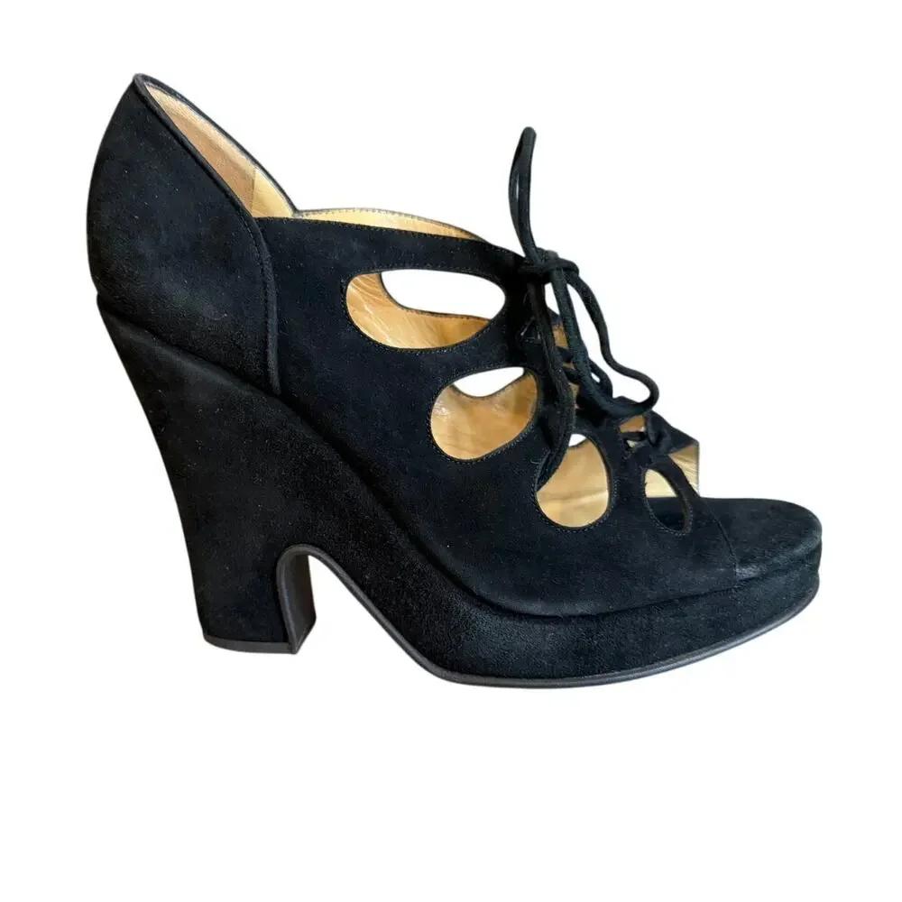 Dolce & Gabbana Avant Garde Black Suede Laced Up Platform Heeled Sandals 37
